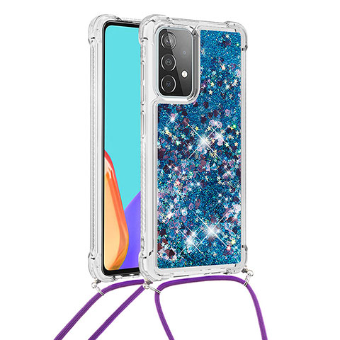 Coque Silicone Housse Etui Gel Bling-Bling avec Laniere Strap S03 pour Samsung Galaxy A52 4G Bleu