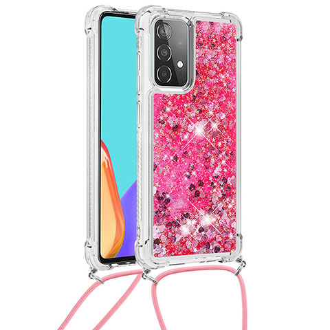 Coque Silicone Housse Etui Gel Bling-Bling avec Laniere Strap S03 pour Samsung Galaxy A52 5G Rose Rouge