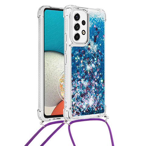 Coque Silicone Housse Etui Gel Bling-Bling avec Laniere Strap S03 pour Samsung Galaxy A53 5G Bleu