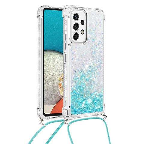 Coque Silicone Housse Etui Gel Bling-Bling avec Laniere Strap S03 pour Samsung Galaxy A53 5G Bleu Ciel