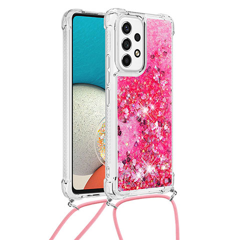 Coque Silicone Housse Etui Gel Bling-Bling avec Laniere Strap S03 pour Samsung Galaxy A53 5G Rose Rouge