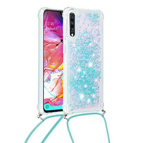 Coque Silicone Housse Etui Gel Bling-Bling avec Laniere Strap S03 pour Samsung Galaxy A70 Bleu Ciel