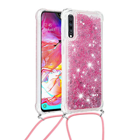 Coque Silicone Housse Etui Gel Bling-Bling avec Laniere Strap S03 pour Samsung Galaxy A70 Rouge