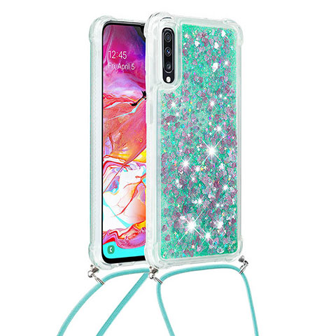 Coque Silicone Housse Etui Gel Bling-Bling avec Laniere Strap S03 pour Samsung Galaxy A70 Vert