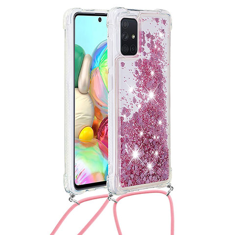 Coque Silicone Housse Etui Gel Bling-Bling avec Laniere Strap S03 pour Samsung Galaxy A71 5G Rouge