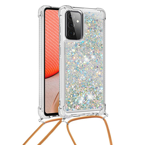 Coque Silicone Housse Etui Gel Bling-Bling avec Laniere Strap S03 pour Samsung Galaxy A72 4G Argent