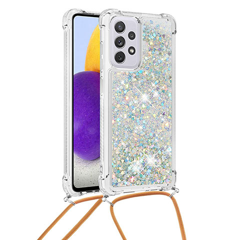 Coque Silicone Housse Etui Gel Bling-Bling avec Laniere Strap S03 pour Samsung Galaxy A73 5G Argent