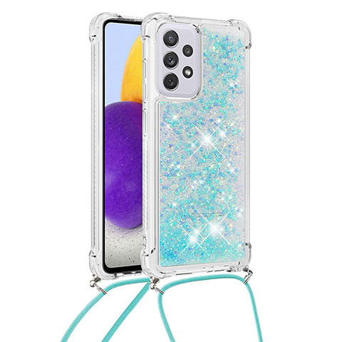 Coque Silicone Housse Etui Gel Bling-Bling avec Laniere Strap S03 pour Samsung Galaxy A73 5G Bleu Ciel