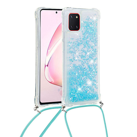 Coque Silicone Housse Etui Gel Bling-Bling avec Laniere Strap S03 pour Samsung Galaxy A81 Bleu Ciel