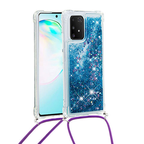 Coque Silicone Housse Etui Gel Bling-Bling avec Laniere Strap S03 pour Samsung Galaxy A91 Bleu