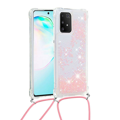 Coque Silicone Housse Etui Gel Bling-Bling avec Laniere Strap S03 pour Samsung Galaxy A91 Rose