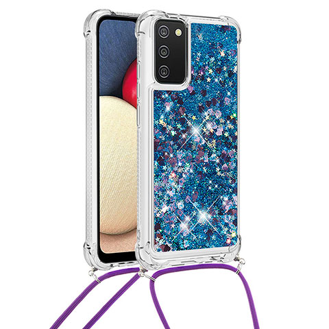 Coque Silicone Housse Etui Gel Bling-Bling avec Laniere Strap S03 pour Samsung Galaxy F02S SM-E025F Bleu