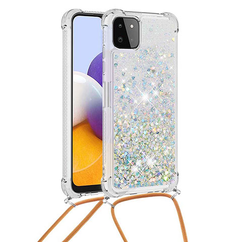 Coque Silicone Housse Etui Gel Bling-Bling avec Laniere Strap S03 pour Samsung Galaxy F42 5G Argent