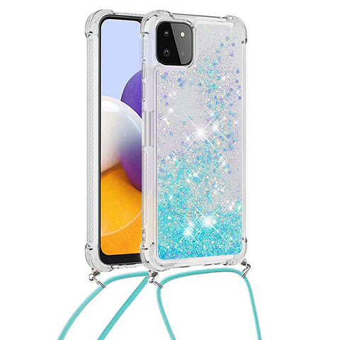 Coque Silicone Housse Etui Gel Bling-Bling avec Laniere Strap S03 pour Samsung Galaxy F42 5G Bleu Ciel