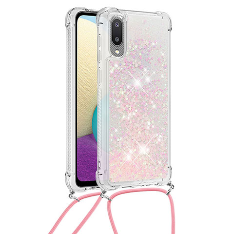 Coque Silicone Housse Etui Gel Bling-Bling avec Laniere Strap S03 pour Samsung Galaxy M02 Rose