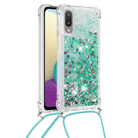 Coque Silicone Housse Etui Gel Bling-Bling avec Laniere Strap S03 pour Samsung Galaxy M02 Vert