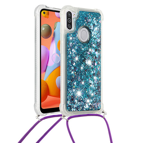 Coque Silicone Housse Etui Gel Bling-Bling avec Laniere Strap S03 pour Samsung Galaxy M11 Bleu