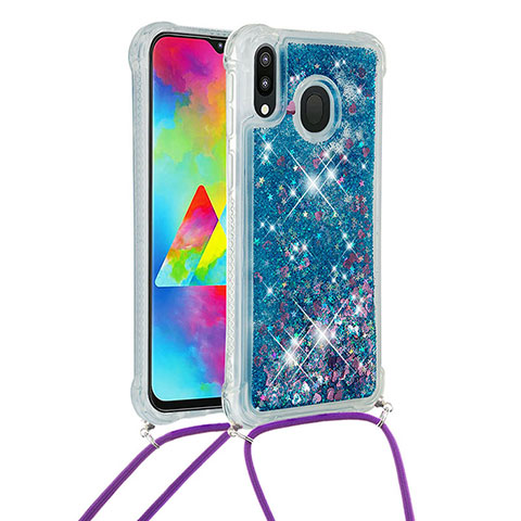 Coque Silicone Housse Etui Gel Bling-Bling avec Laniere Strap S03 pour Samsung Galaxy M20 Bleu