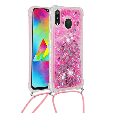 Coque Silicone Housse Etui Gel Bling-Bling avec Laniere Strap S03 pour Samsung Galaxy M20 Rose Rouge