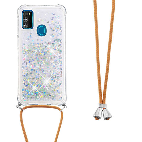 Coque Silicone Housse Etui Gel Bling-Bling avec Laniere Strap S03 pour Samsung Galaxy M21 Argent