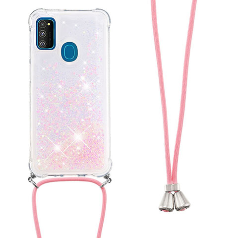 Coque Silicone Housse Etui Gel Bling-Bling avec Laniere Strap S03 pour Samsung Galaxy M21 Rose