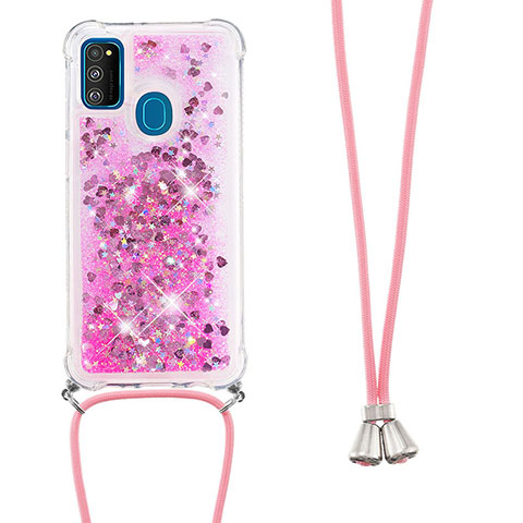 Coque Silicone Housse Etui Gel Bling-Bling avec Laniere Strap S03 pour Samsung Galaxy M30s Rose Rouge