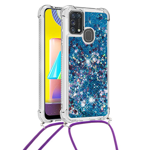Coque Silicone Housse Etui Gel Bling-Bling avec Laniere Strap S03 pour Samsung Galaxy M31 Prime Edition Bleu