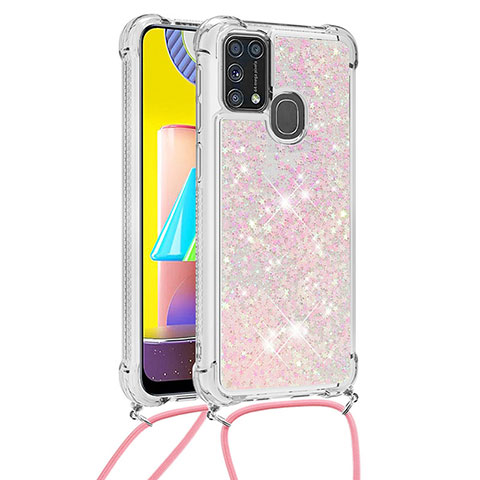 Coque Silicone Housse Etui Gel Bling-Bling avec Laniere Strap S03 pour Samsung Galaxy M31 Prime Edition Rose