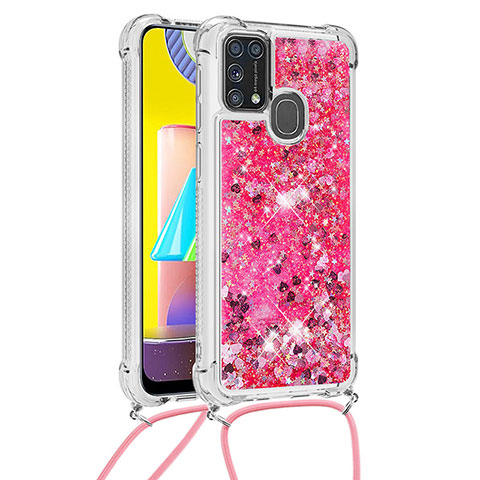 Coque Silicone Housse Etui Gel Bling-Bling avec Laniere Strap S03 pour Samsung Galaxy M31 Prime Edition Rose Rouge