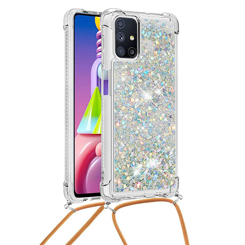 Coque Silicone Housse Etui Gel Bling-Bling avec Laniere Strap S03 pour Samsung Galaxy M51 Argent