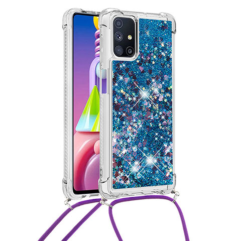 Coque Silicone Housse Etui Gel Bling-Bling avec Laniere Strap S03 pour Samsung Galaxy M51 Bleu