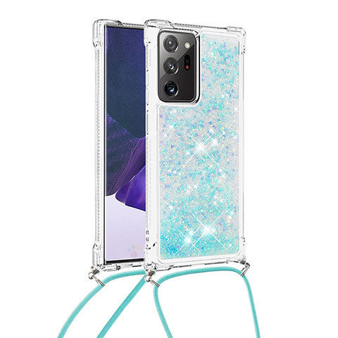 Coque Silicone Housse Etui Gel Bling-Bling avec Laniere Strap S03 pour Samsung Galaxy Note 20 Ultra 5G Bleu Ciel