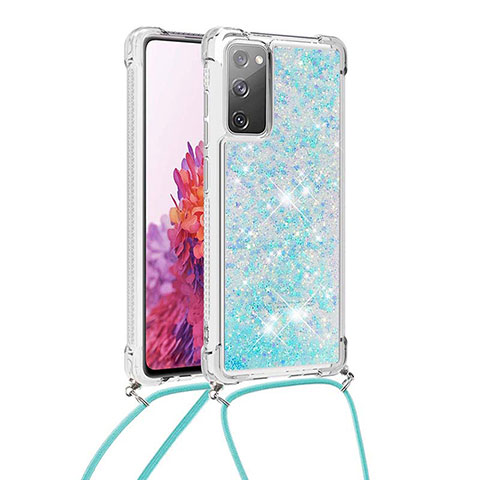 Coque Silicone Housse Etui Gel Bling-Bling avec Laniere Strap S03 pour Samsung Galaxy S20 FE 5G Bleu Ciel