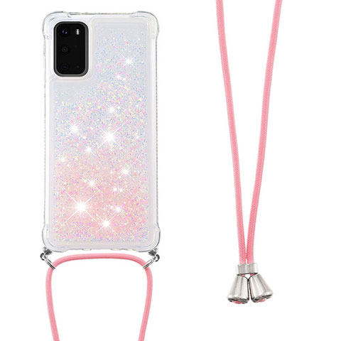 Coque Silicone Housse Etui Gel Bling-Bling avec Laniere Strap S03 pour Samsung Galaxy S20 Rose