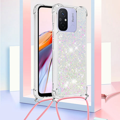 Coque Silicone Housse Etui Gel Bling-Bling avec Laniere Strap S03 pour Xiaomi Poco C55 Argent