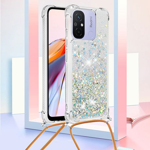 Coque Silicone Housse Etui Gel Bling-Bling avec Laniere Strap S03 pour Xiaomi Poco C55 Bleu Ciel