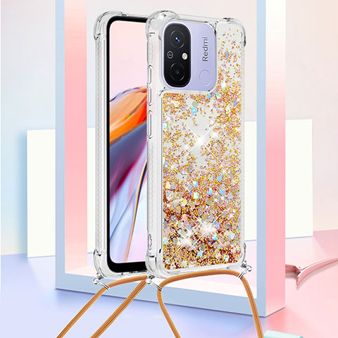 Coque Silicone Housse Etui Gel Bling-Bling avec Laniere Strap S03 pour Xiaomi Poco C55 Or