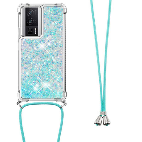 Coque Silicone Housse Etui Gel Bling-Bling avec Laniere Strap S03 pour Xiaomi Poco F5 Pro 5G Bleu Ciel