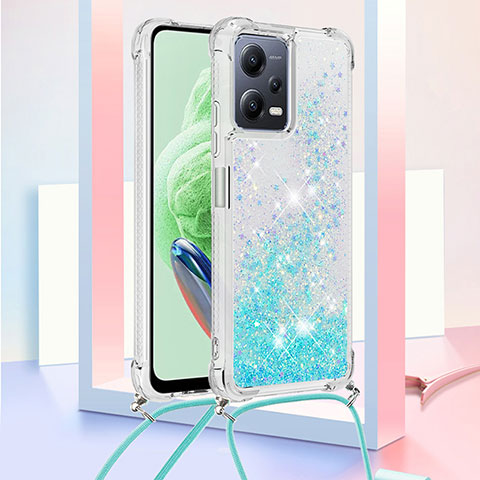 Coque Silicone Housse Etui Gel Bling-Bling avec Laniere Strap S03 pour Xiaomi Poco X5 5G Bleu Ciel