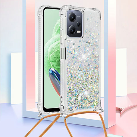 Coque Silicone Housse Etui Gel Bling-Bling avec Laniere Strap S03 pour Xiaomi Poco X5 5G Bleu Clair