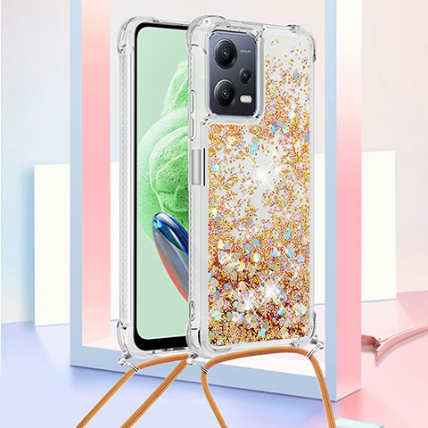 Coque Silicone Housse Etui Gel Bling-Bling avec Laniere Strap S03 pour Xiaomi Poco X5 5G Or