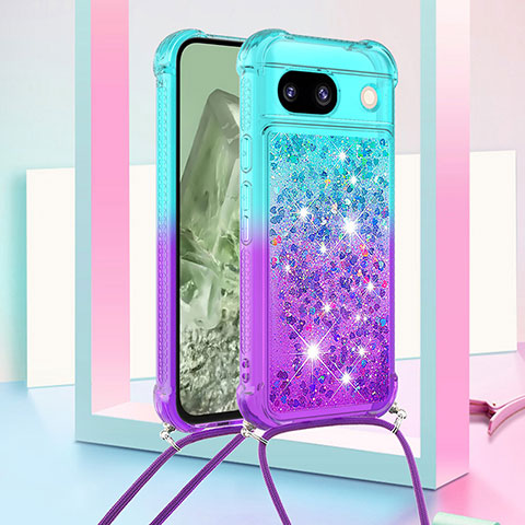 Coque Silicone Housse Etui Gel Bling-Bling avec Laniere Strap YB1 pour Google Pixel 8a 5G Bleu Ciel