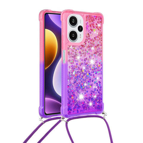 Coque Silicone Housse Etui Gel Bling-Bling avec Laniere Strap YB1 pour Xiaomi Poco F5 5G Rose Rouge