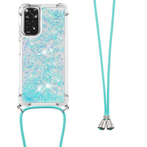 Coque Silicone Housse Etui Gel Bling-Bling avec Laniere Strap YB1 pour Xiaomi Redmi Note 11 4G (2022) Bleu Ciel