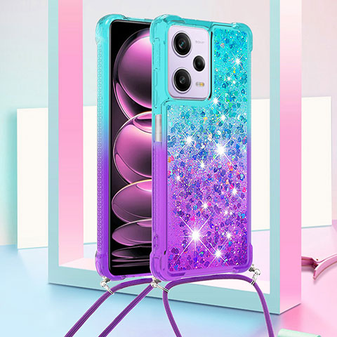 Coque Silicone Housse Etui Gel Bling-Bling avec Laniere Strap YB1 pour Xiaomi Redmi Note 12 Pro 5G Bleu Ciel