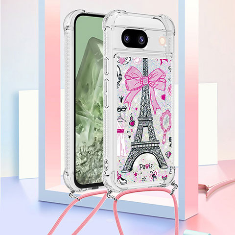 Coque Silicone Housse Etui Gel Bling-Bling avec Laniere Strap YB2 pour Google Pixel 8a 5G Or Rose