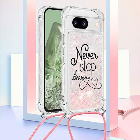 Coque Silicone Housse Etui Gel Bling-Bling avec Laniere Strap YB2 pour Google Pixel 8a 5G Rose