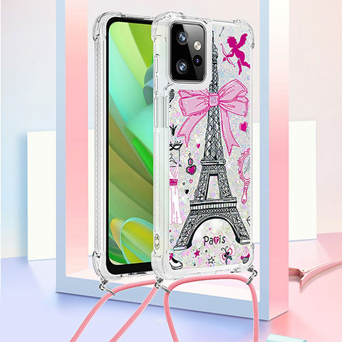 Coque Silicone Housse Etui Gel Bling-Bling avec Laniere Strap YB2 pour Motorola Moto G Power 5G (2023) Rose