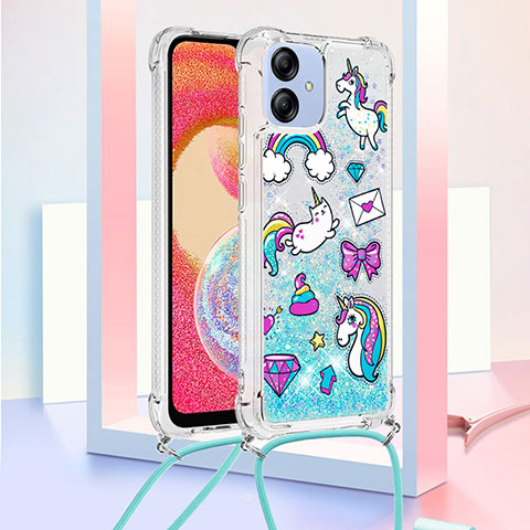 Coque Silicone Housse Etui Gel Bling-Bling avec Laniere Strap YB2 pour Samsung Galaxy A04E Bleu Ciel