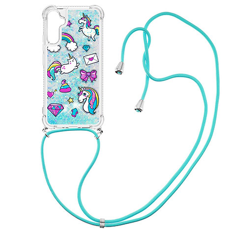 Coque Silicone Housse Etui Gel Bling-Bling avec Laniere Strap YB2 pour Samsung Galaxy A34 5G Bleu Ciel